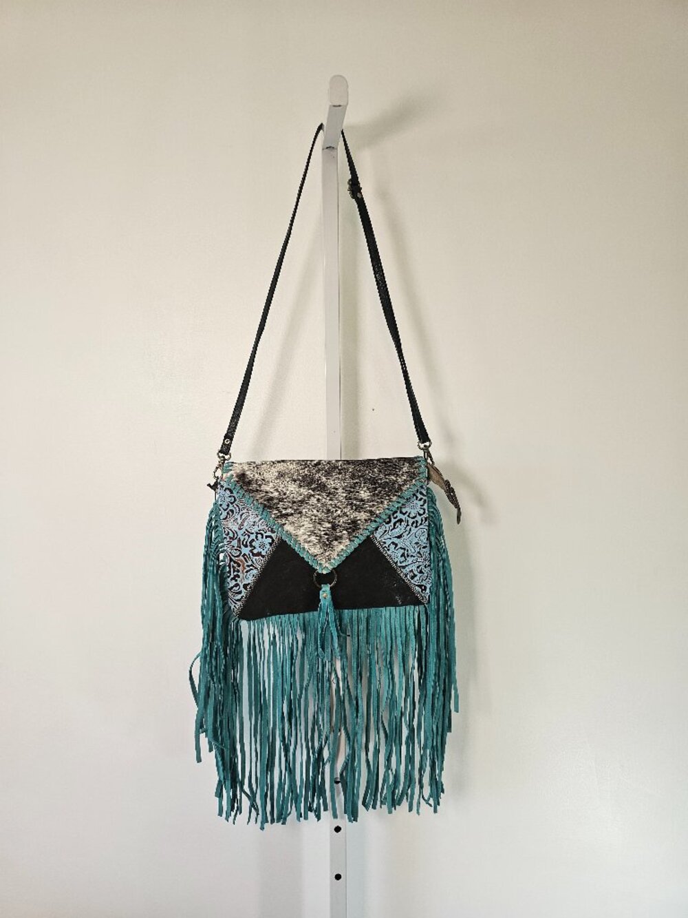 Myra Bag Turquoise Western Leather Suede Hair Fringe Embossed NWT